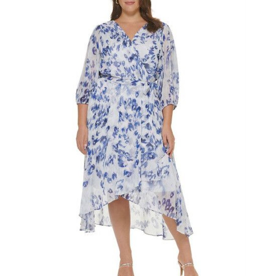 Women'S Clothing * | Best Sale Dkny Plus Size 3/4 Sleeve Surplice V-Neck High-Low Hem Faux Wrap Chiffon Midi Dress Vapor Blue