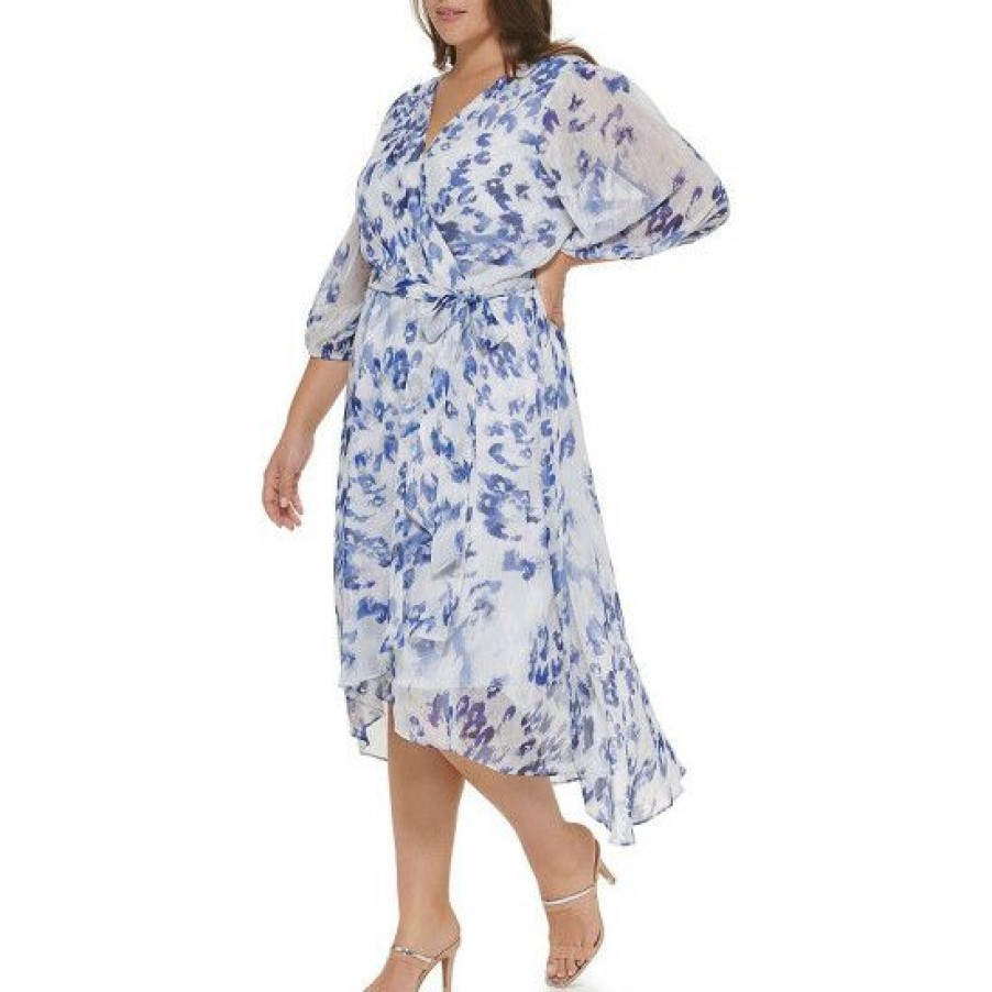 Women'S Clothing * | Best Sale Dkny Plus Size 3/4 Sleeve Surplice V-Neck High-Low Hem Faux Wrap Chiffon Midi Dress Vapor Blue