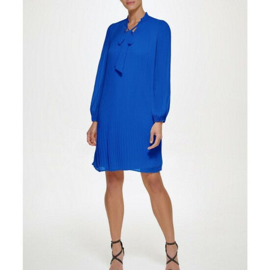 Women'S Clothing * | Hot Sale Dkny Ruffle Tie Split Round Neck Long Balloon Sleeve Pleated Trapeze Dress Cosmic Blue