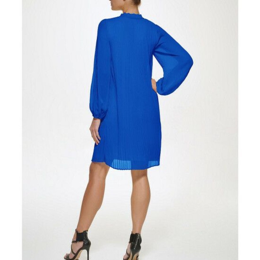 Women'S Clothing * | Hot Sale Dkny Ruffle Tie Split Round Neck Long Balloon Sleeve Pleated Trapeze Dress Cosmic Blue