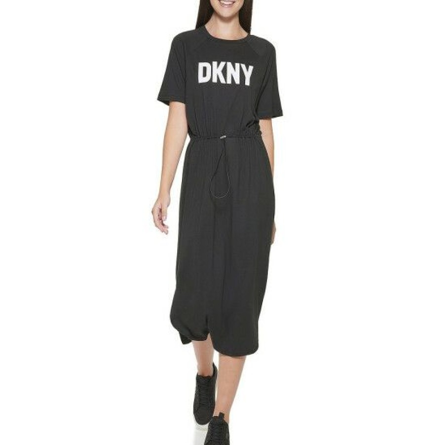 Women'S Clothing * | Top 10 Dkny Logo Drawstring Waist Jewel Neck Short Sleeve Knit Midi Dress