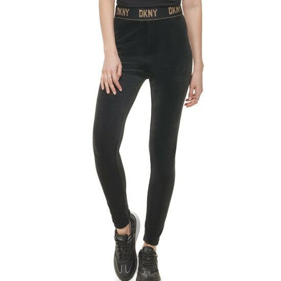 Women'S Clothing * | New Dkny Velour Pull-On Elastic Logo Waistband Leggings