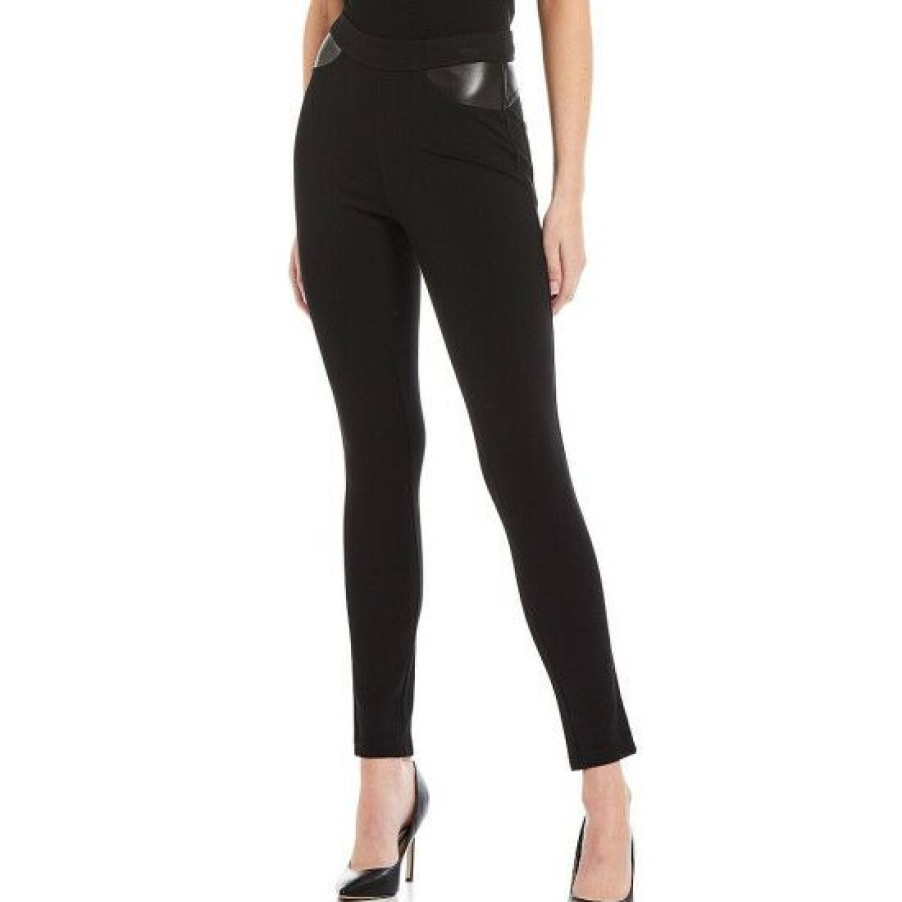 Women'S Clothing * | Best Sale Dkny Vegan Leather Trim Pull-On Leggings Black