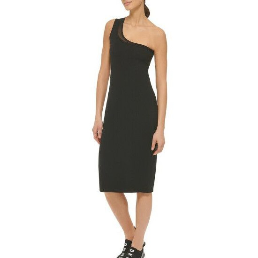 Women'S Clothing * | Wholesale Dkny Sport One Shoulder Sleeveless Double Layer Jersey Knit Dress Black