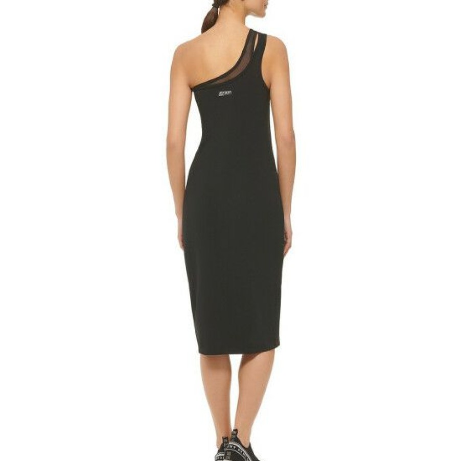 Women'S Clothing * | Wholesale Dkny Sport One Shoulder Sleeveless Double Layer Jersey Knit Dress Black