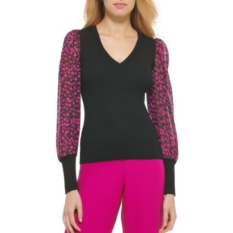 Women'S Clothing * | Outlet Dkny Mixed Media Deep V-Neck Long Bishop Sleeve Chiffon Blouse Black/Electric Pink