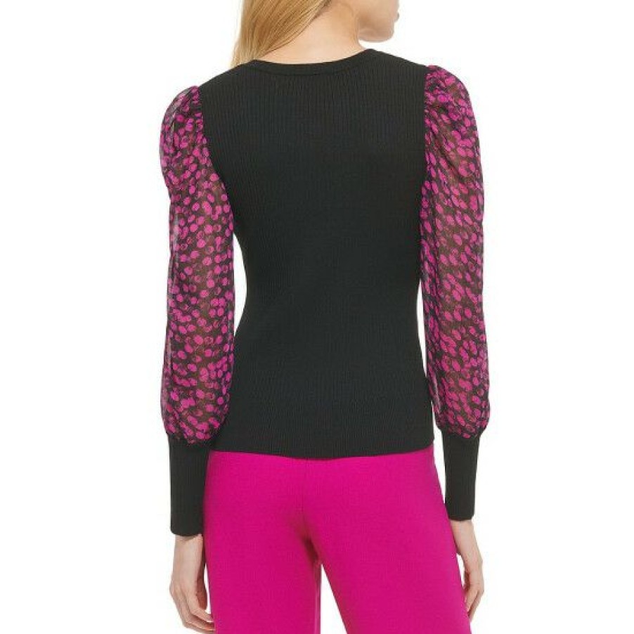 Women'S Clothing * | Outlet Dkny Mixed Media Deep V-Neck Long Bishop Sleeve Chiffon Blouse Black/Electric Pink