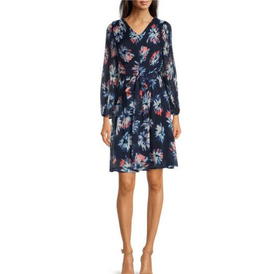 Women'S Clothing * | Wholesale Dkny Floral Print Chiffon V-Neck Long Blouson Sleeve Pleated Tie Waist Dress Navy/Pink