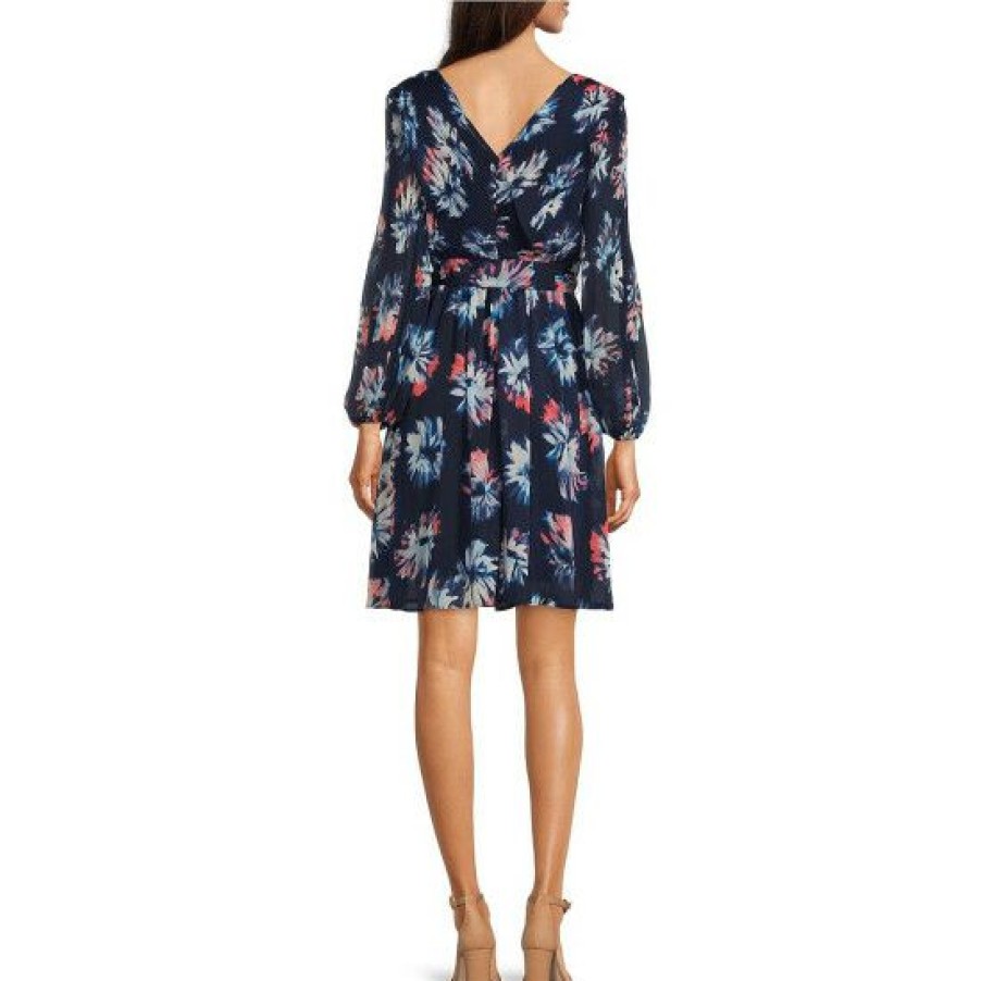 Women'S Clothing * | Wholesale Dkny Floral Print Chiffon V-Neck Long Blouson Sleeve Pleated Tie Waist Dress Navy/Pink