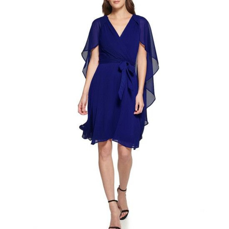 Women'S Clothing * | Budget Dkny Surplice V-Neck Chiffon 3/4 Cape Sleeve Tie Waist Dress French Blue