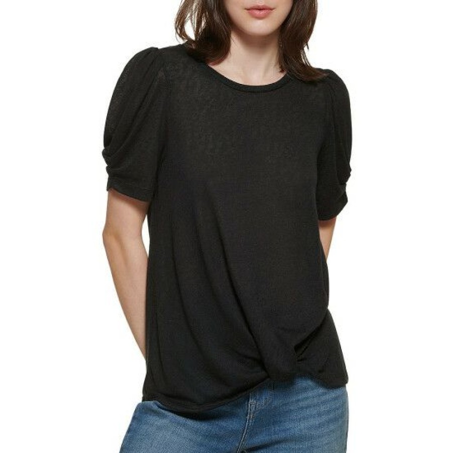 Women'S Clothing * | Promo Dkny Jeans Heathered Knit Pleated Short Puff Sleeve Crew Neck Twist Front T-Shirt