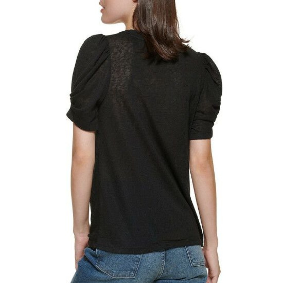 Women'S Clothing * | Promo Dkny Jeans Heathered Knit Pleated Short Puff Sleeve Crew Neck Twist Front T-Shirt