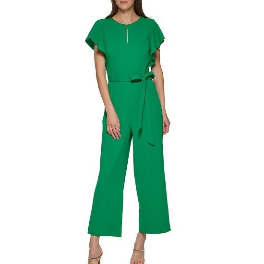 Women'S Clothing * | Promo Dkny Scuba Crepe Cap Flutter Sleeve Keyhole Neck Belted Crop Jumpsuit Grass Green