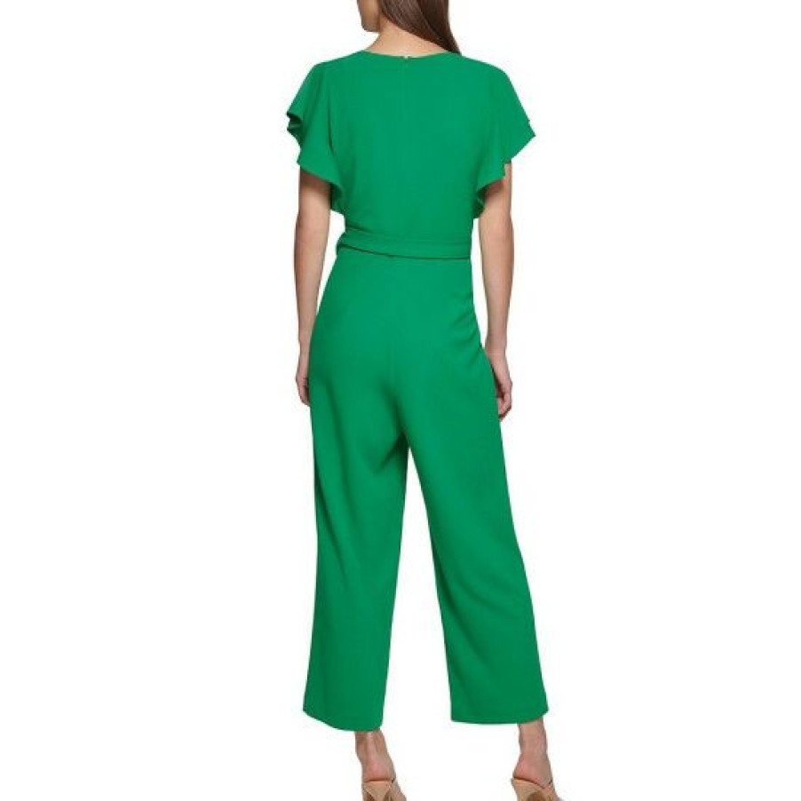 Women'S Clothing * | Promo Dkny Scuba Crepe Cap Flutter Sleeve Keyhole Neck Belted Crop Jumpsuit Grass Green