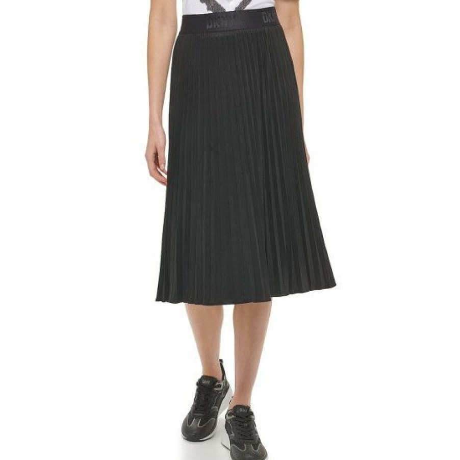 Women'S Clothing * | Top 10 Dkny Suede A-Line High Waisted Pleated Midi Skirt Black