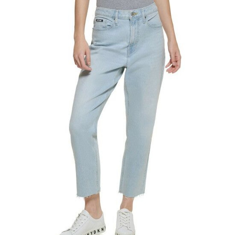 Women'S Clothing * | Budget Dkny Jeans Broome High Rise Raw Hem Cropped Denim Jeans Ice Wash