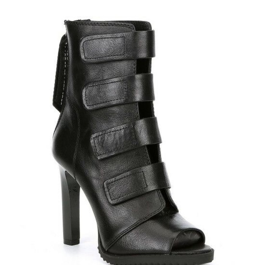 Shoes * | Brand New Dkny Blake Strappy Leather Peep Toe Stiletto Booties Black