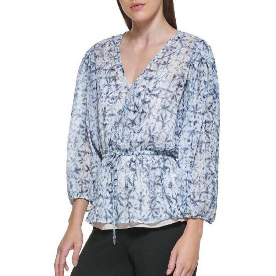 Women'S Clothing * | Brand New Dkny V-Neck 3/4 Cuff Sleeve Tie Dye Print Chiffon Peplum Top Ivory/New Navy Multi