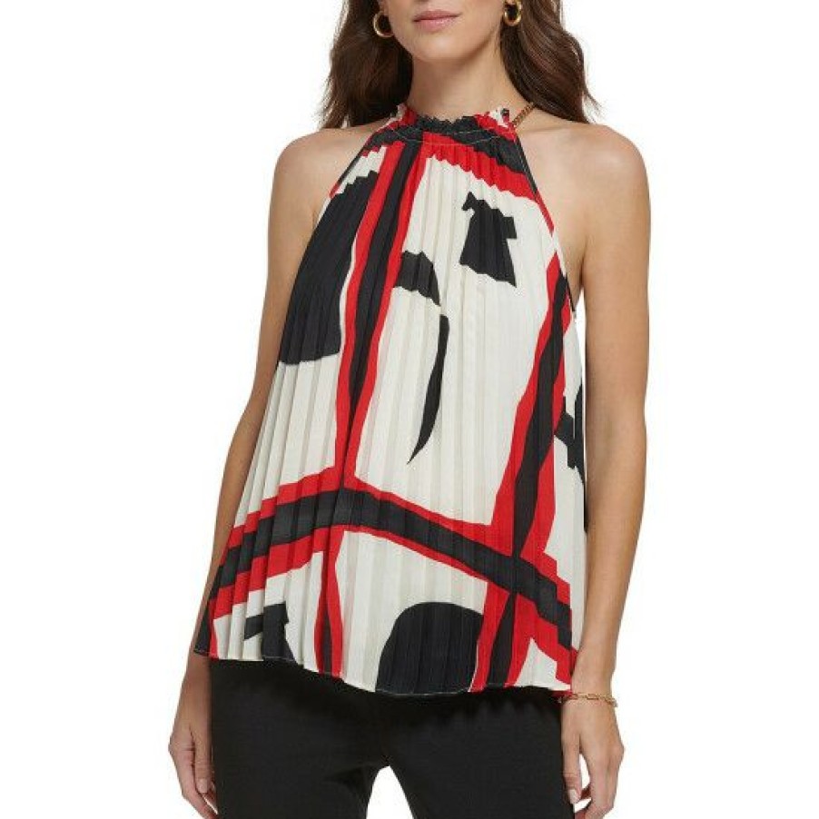 Women'S Clothing * | Wholesale Dkny Printed Halter Neck Chain Detail Pleated Top Scarlet/Egg Nog