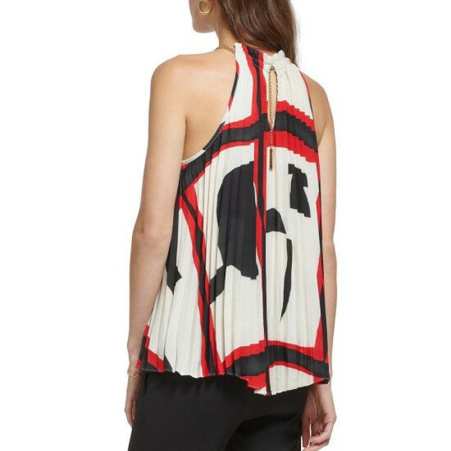 Women'S Clothing * | Wholesale Dkny Printed Halter Neck Chain Detail Pleated Top Scarlet/Egg Nog