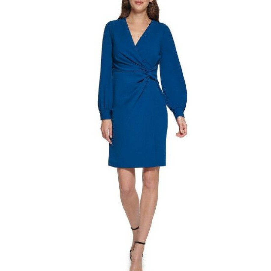 Women'S Clothing * | Coupon Dkny Petite Size Scuba Crepe Surplice V-Neck Long Sleeve Faux Wrap Twist Dress Deep Ocean