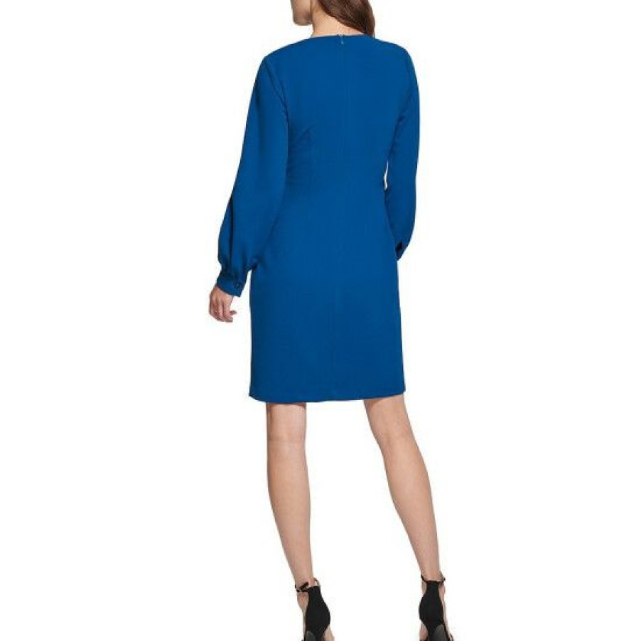 Women'S Clothing * | Coupon Dkny Petite Size Scuba Crepe Surplice V-Neck Long Sleeve Faux Wrap Twist Dress Deep Ocean