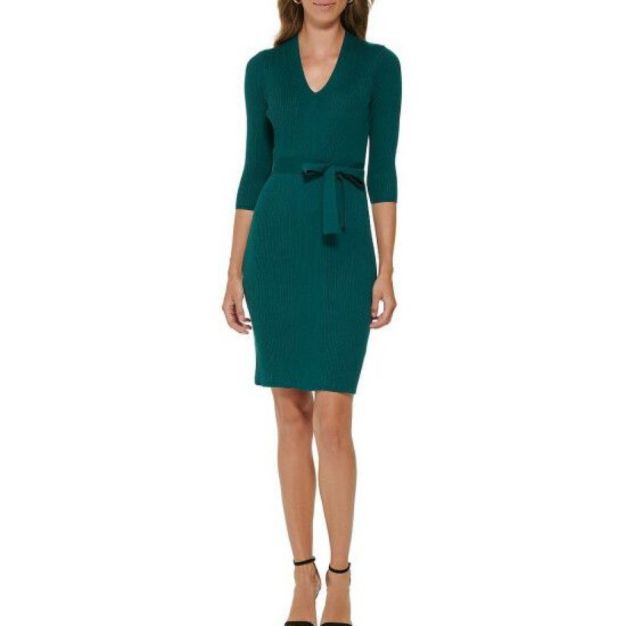 Women'S Clothing * | Flash Sale Dkny Petite Size 3/4 Sleeve V-Neck Round Neck Tie Waist Sheath Dress Forest Green