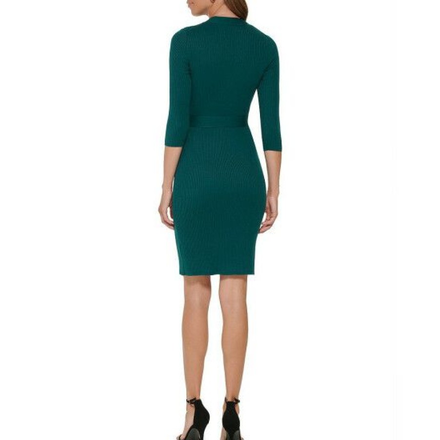 Women'S Clothing * | Flash Sale Dkny Petite Size 3/4 Sleeve V-Neck Round Neck Tie Waist Sheath Dress Forest Green