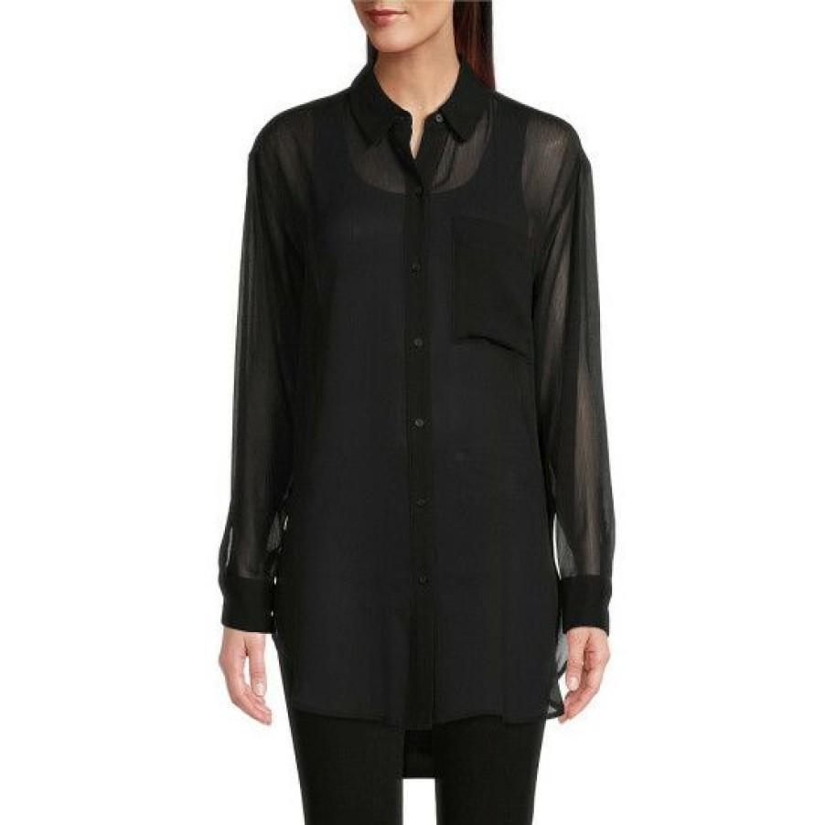 Women'S Clothing * | New Dkny Long Cuffed Sleeve Point Collar Button Front Blouse