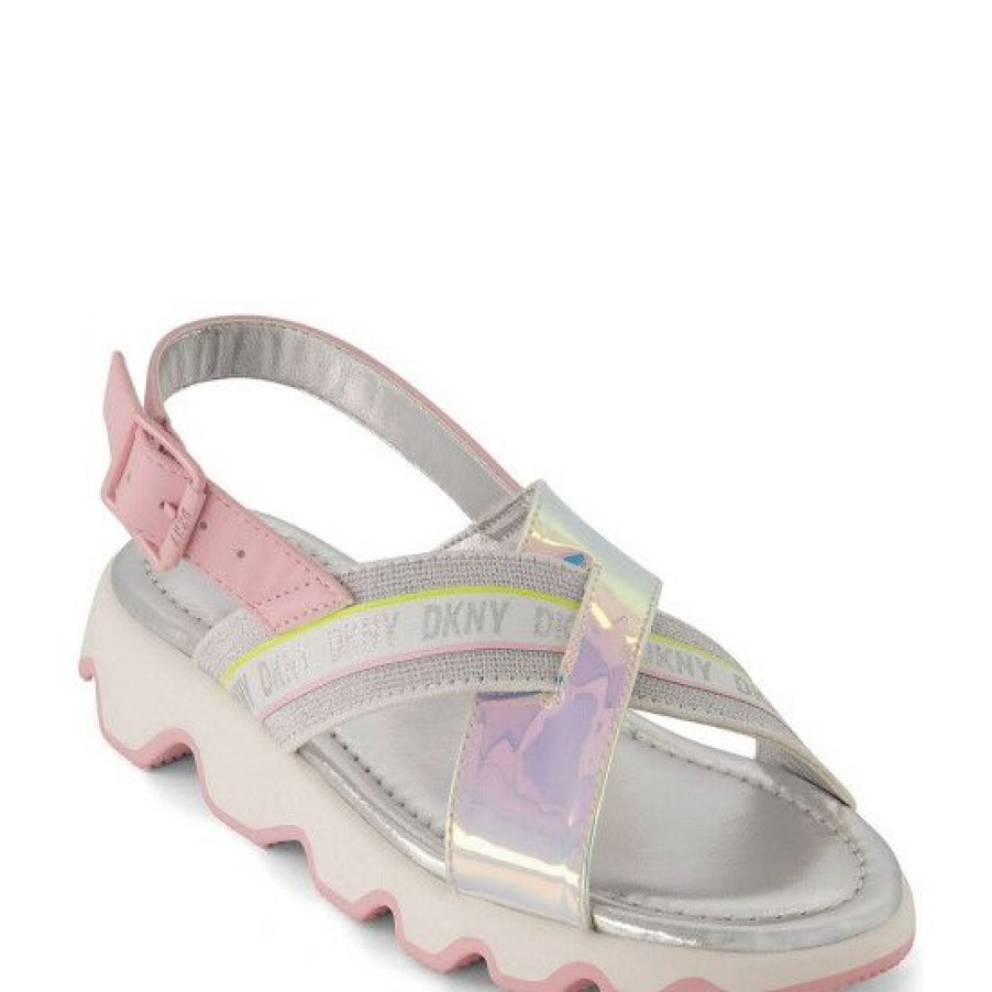 Shoes * | Discount Dkny Girls' Stella Stretch Metallic Sandals (Youth) Silver Multi