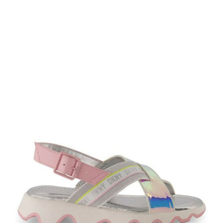 Shoes * | Discount Dkny Girls' Stella Stretch Metallic Sandals (Youth) Silver Multi