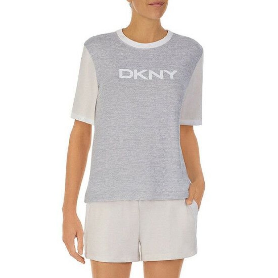 Lingerie * | Hot Sale Dkny Knit Crew Neck Short Sleeve Shorty Pajama Set Oat Heather