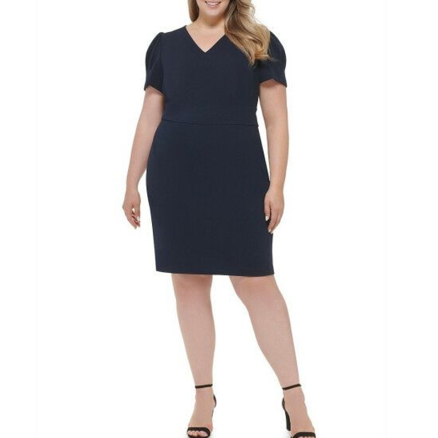 Women'S Clothing * | Cheapest Dkny Plus Size Short Puffed Sleeve V-Neck Scuba Crepe Sheath Dress Midnight