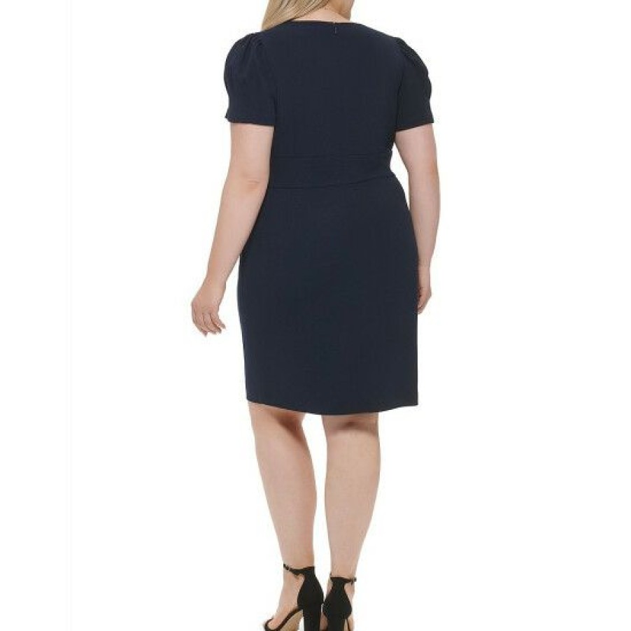 Women'S Clothing * | Cheapest Dkny Plus Size Short Puffed Sleeve V-Neck Scuba Crepe Sheath Dress Midnight