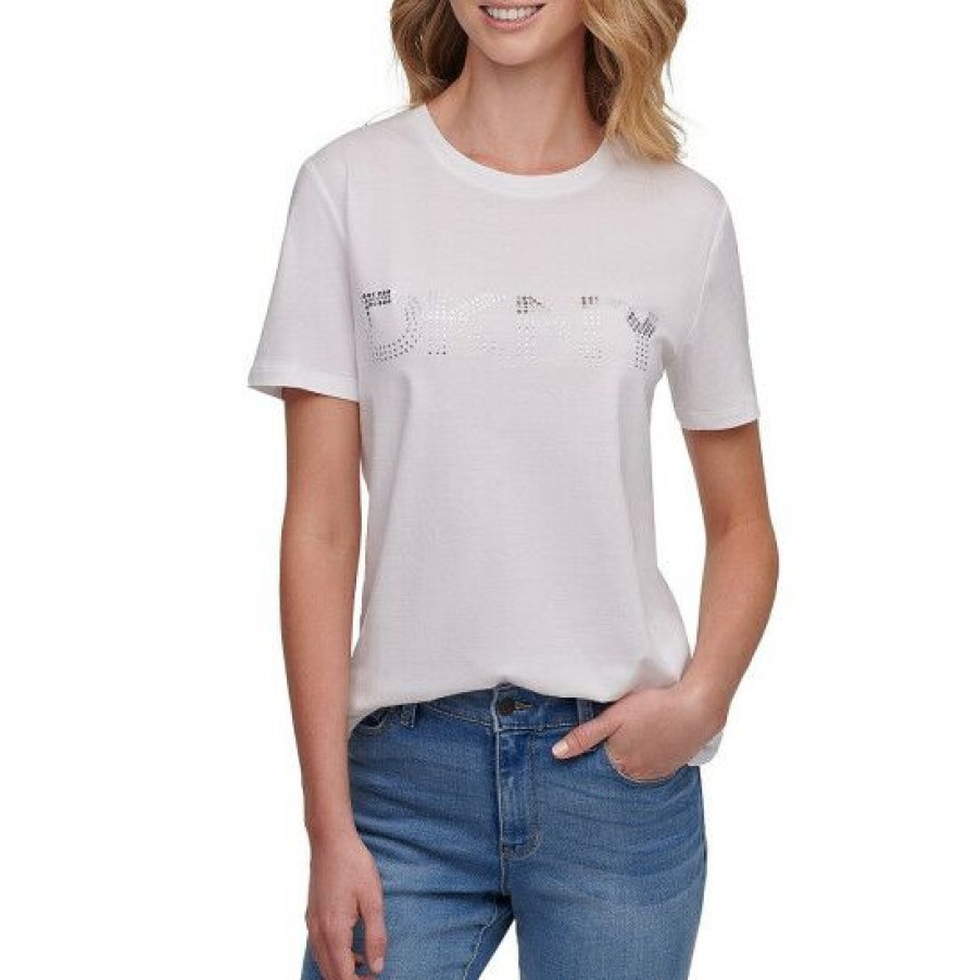 Women'S Clothing * | New Dkny Cotton-Blend Knit Jersey Nail Head Logo Short Sleeve T-Shirt White