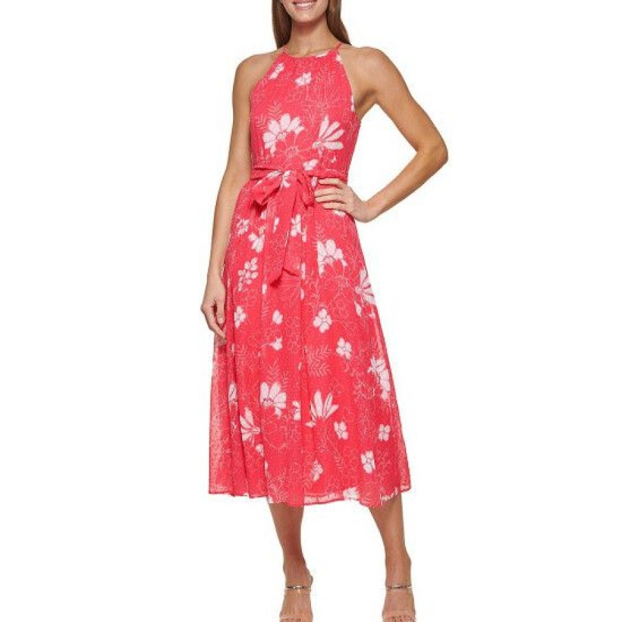 Women'S Clothing * | Buy Dkny Floral Print Chiffon Halter Neck Sleeveless Tie Waist Midi Dress Punch Multi