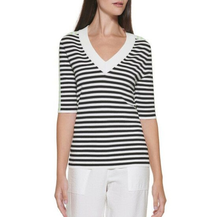 Women'S Clothing * | Discount Dkny V-Neck Short Sleeve Contrast Stripe Knit Top Black/Ivory/Lazer