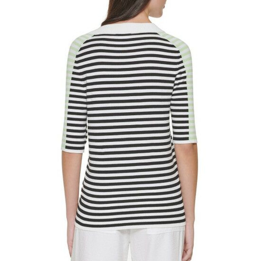 Women'S Clothing * | Discount Dkny V-Neck Short Sleeve Contrast Stripe Knit Top Black/Ivory/Lazer