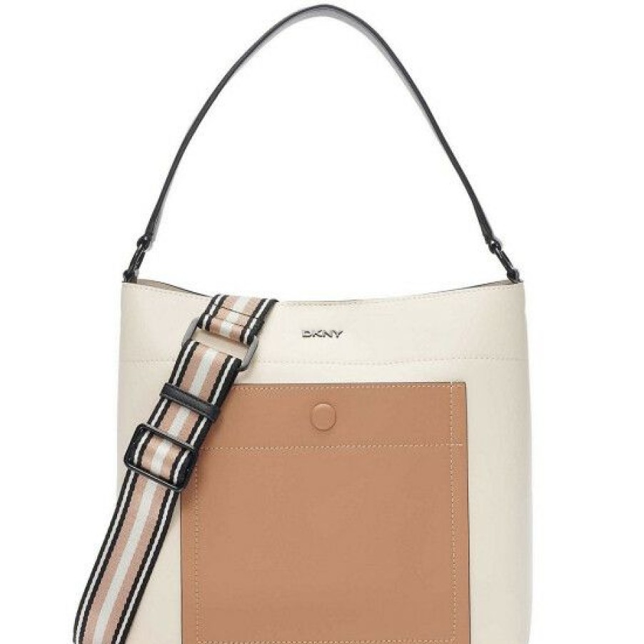 Women'S Clothing * | Hot Sale Dkny Crawford Colorblock Convertible Vegan Leather Bucket Bag Ivory/Cashew/Black