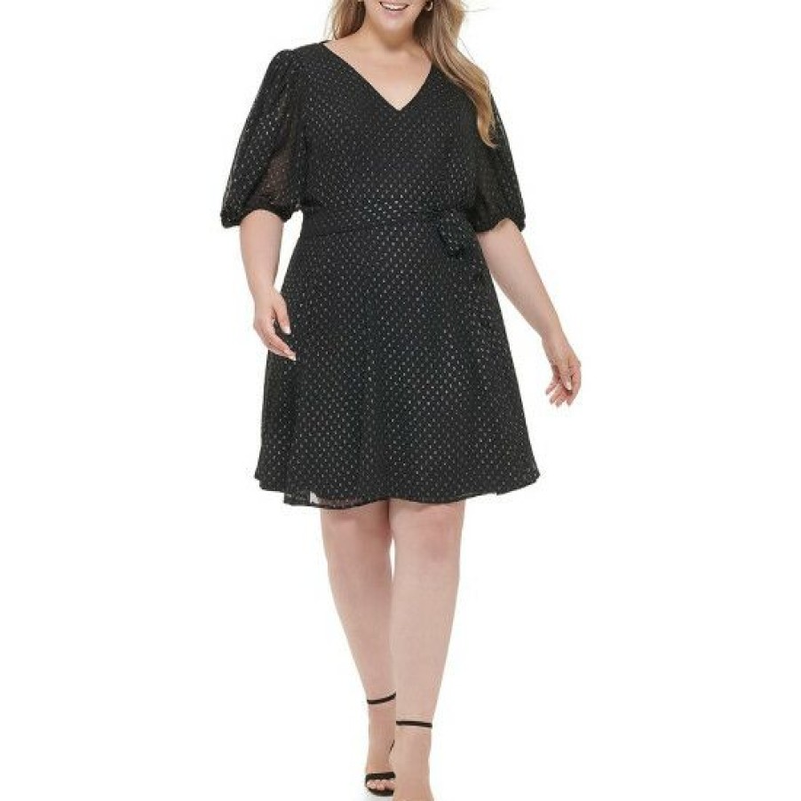 Women'S Clothing * | Discount Dkny Plus Size Dotted Print Short Balloon Sleeve V-Neck Tie Waist Fit And Flare Dress Black/Silver