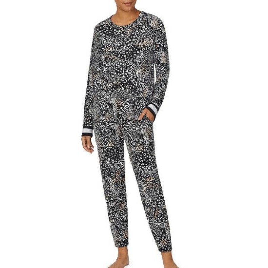 Lingerie * | Best Sale Dkny Black Leopard Print Jewel Neck Long Sleeve Pajama Set Black Print