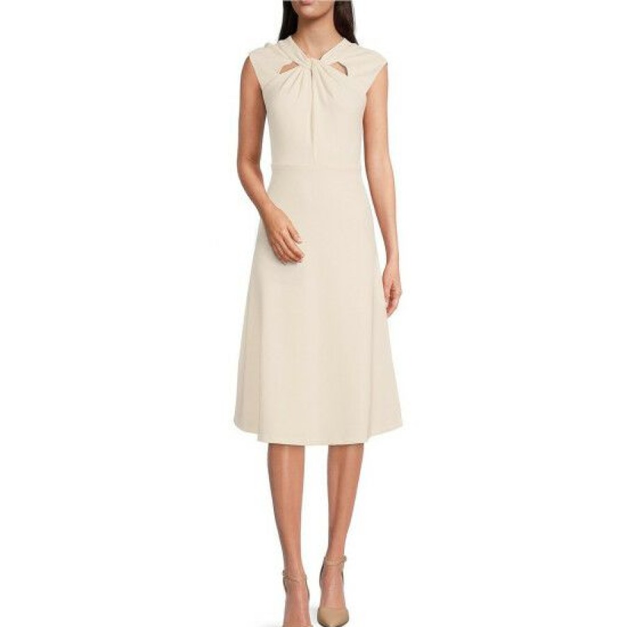 Women'S Clothing * | Best Deal Dkny Stretch Fit And Flare Twist Neck Midi Dress Buttercream