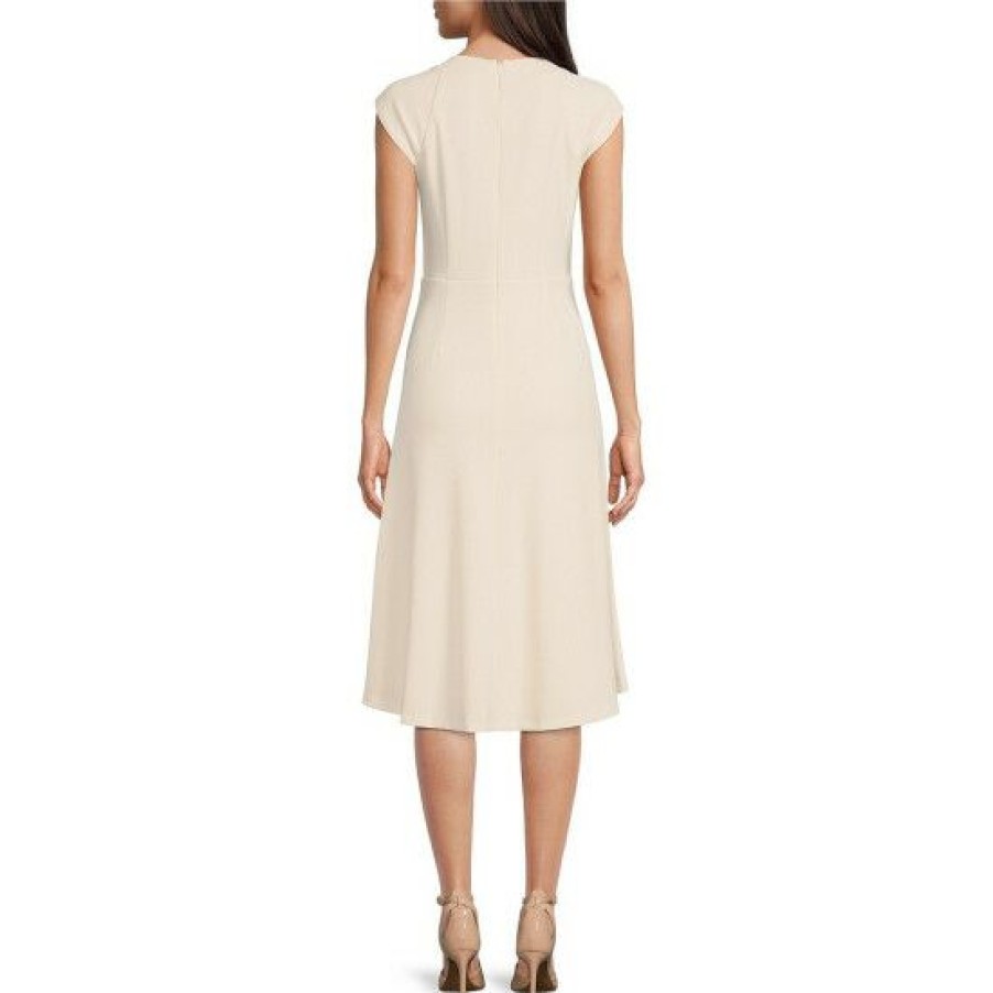 Women'S Clothing * | Best Deal Dkny Stretch Fit And Flare Twist Neck Midi Dress Buttercream