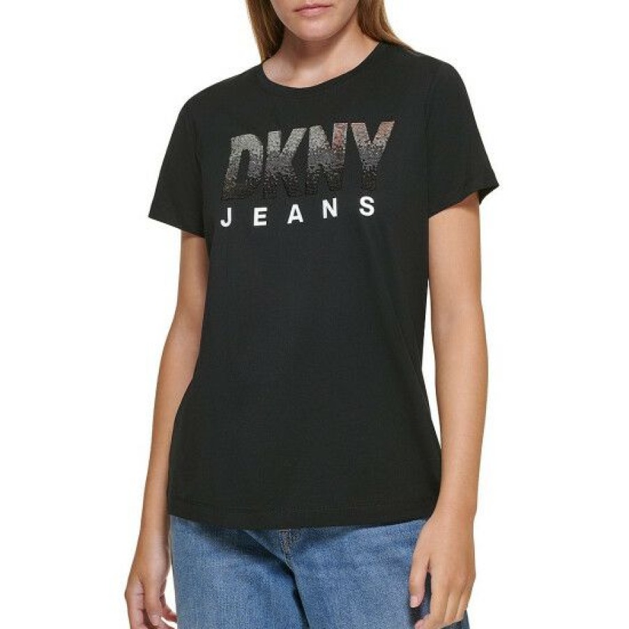 Women'S Clothing * | Budget Dkny Jeans Ombre Sequin Knit Jewel Neck Short Sleeve Logo T-Shirt Black/Silver