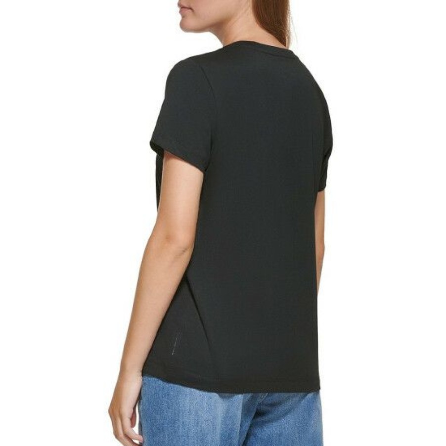 Women'S Clothing * | Budget Dkny Jeans Ombre Sequin Knit Jewel Neck Short Sleeve Logo T-Shirt Black/Silver