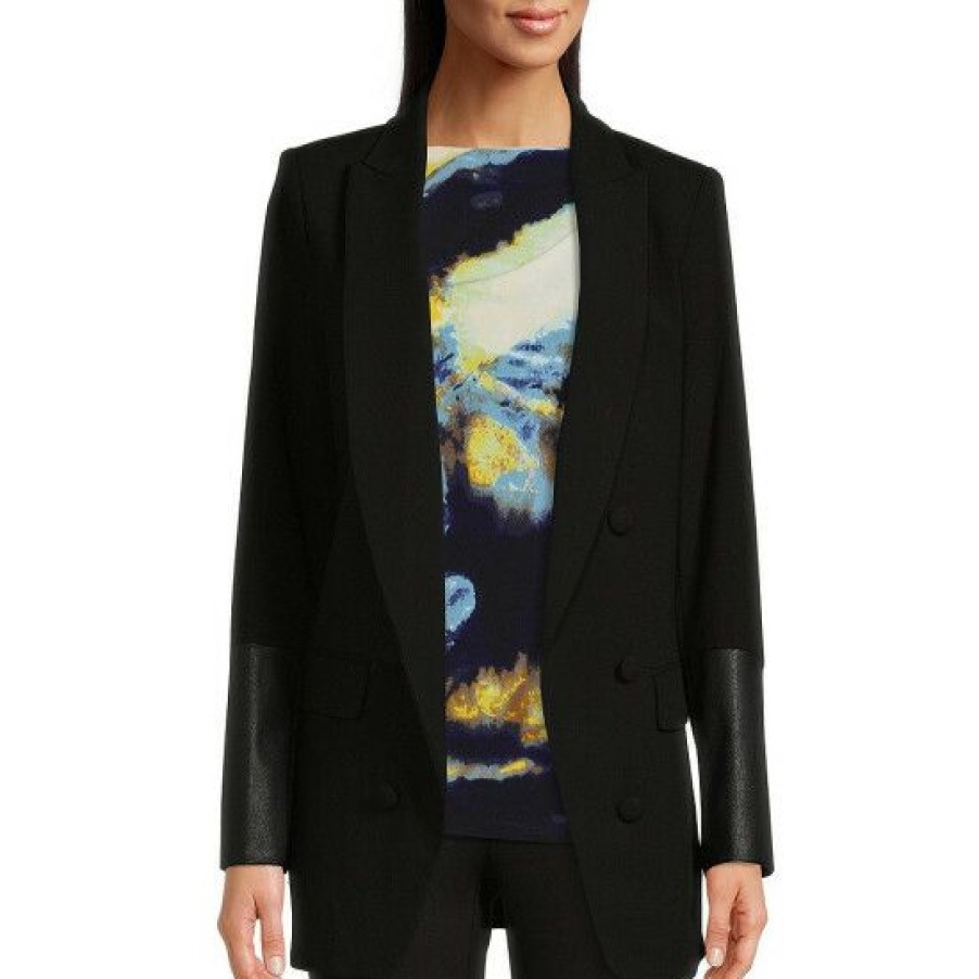 Women'S Clothing * | Best Sale Dkny Mixed Media Faux Leather Trimmed Double Breasted Blazer Black