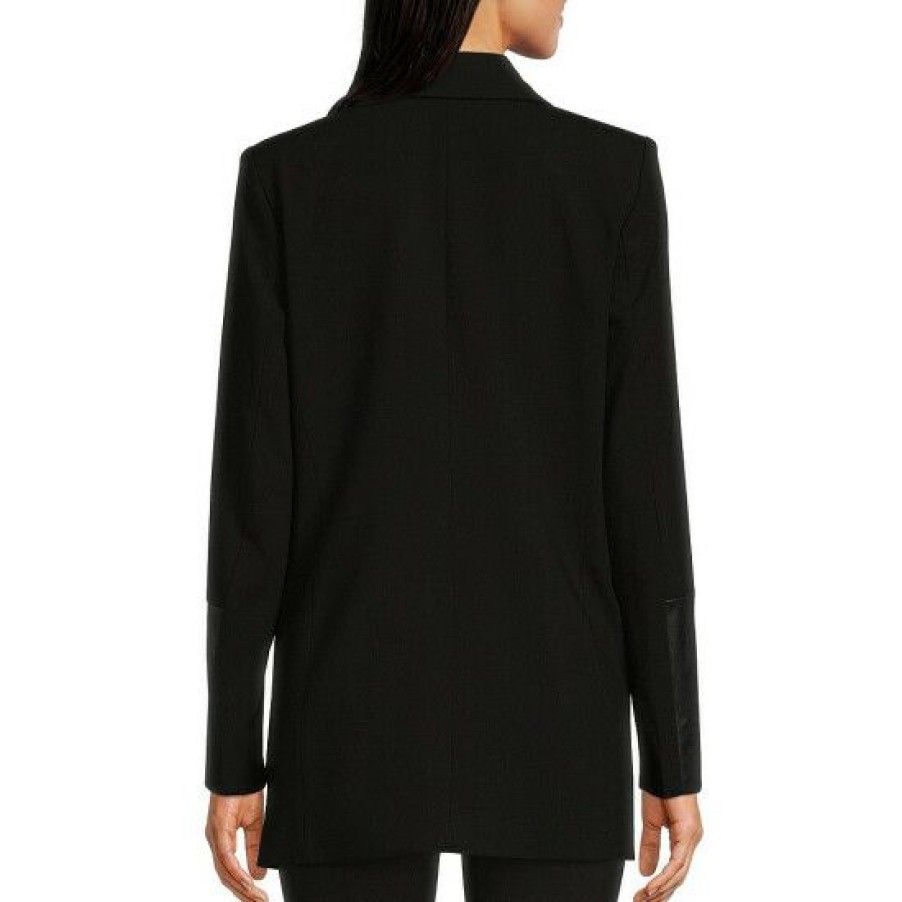 Women'S Clothing * | Best Sale Dkny Mixed Media Faux Leather Trimmed Double Breasted Blazer Black