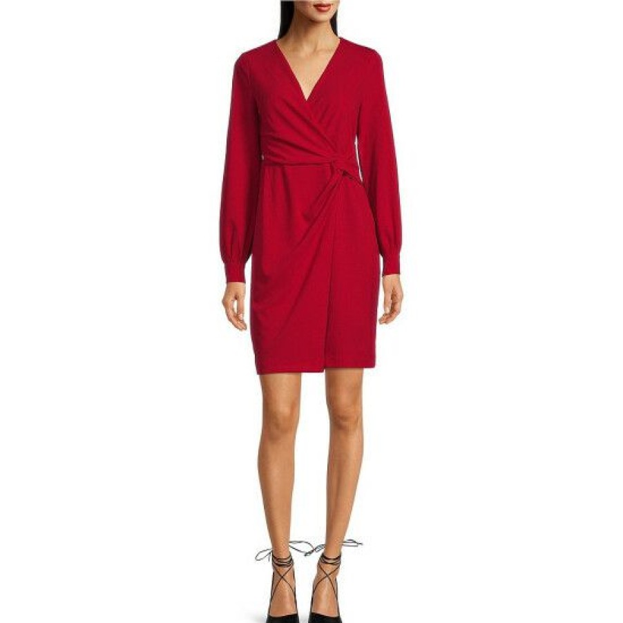 Women'S Clothing * | Hot Sale Dkny Stretch Long Sleeve Surplice V-Neck Knot Waist Faux Wrap Dress Scarlet