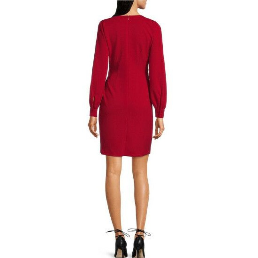 Women'S Clothing * | Hot Sale Dkny Stretch Long Sleeve Surplice V-Neck Knot Waist Faux Wrap Dress Scarlet