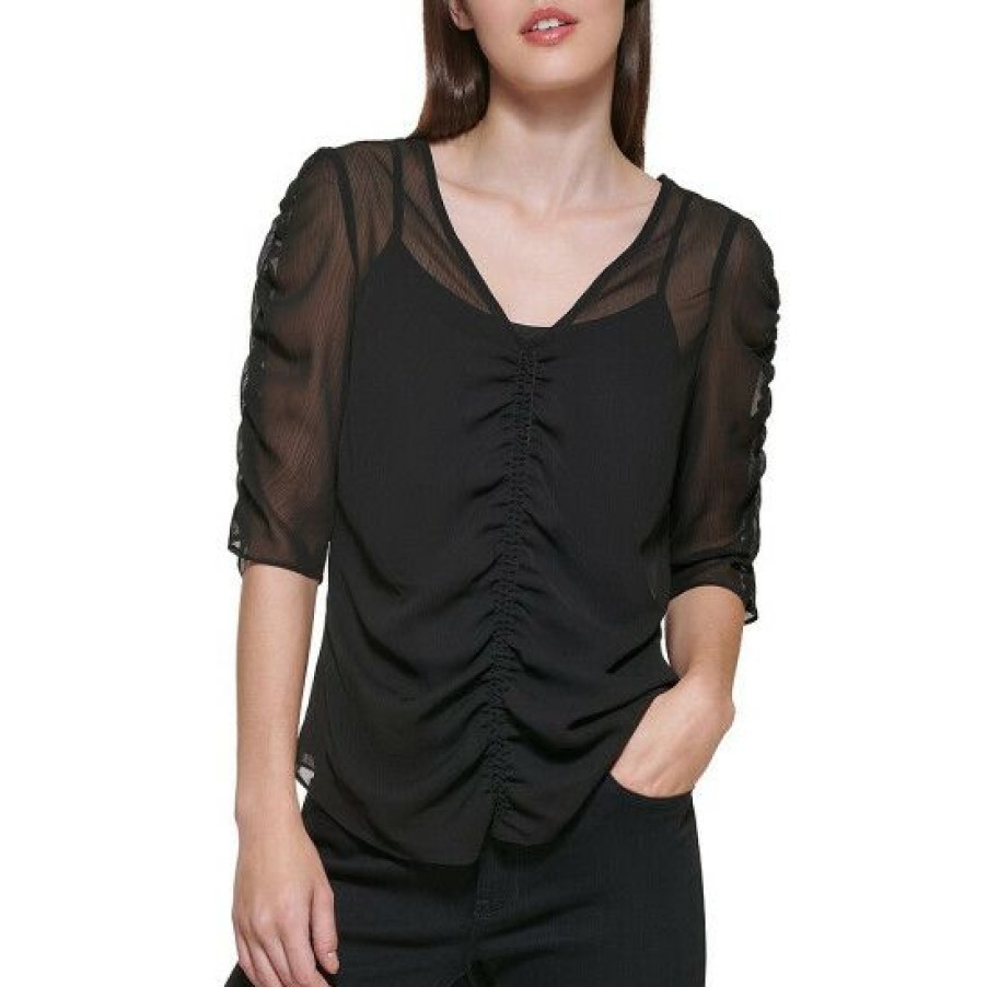 Women'S Clothing * | Wholesale Dkny Ruched Crinkle Short Sleeve V-Neck Chiffon Top Black